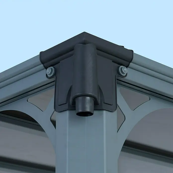 Palram – Canopia Pérgola estándar Milano - An x Pr: 435,9 x 315,5 cm, Color del armazón: Antracita, Aluminio - Vista detallada de una esquina de glorieta gris con canaleta y tornillos, ideal para muebles de jardín y uso exterior.