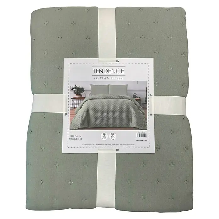 Colcha Darya - 260 x 240 cm, 100% poliéster, Verde - Colcha acolchada verde salvia con delicados patrones de estrellas.