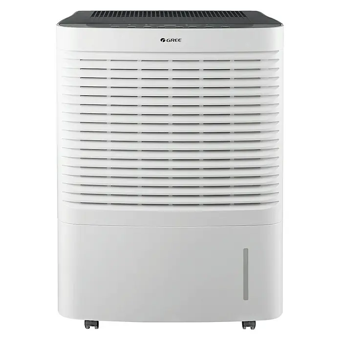 Deshumidificador eléctrico 20 L - Potencia de deshumidificación: 20 l/día, Blanco - Un deshumidificador Gree blanco con una parte superior oscura. Ideal para reducir la humedad interior y prevenir el moho.