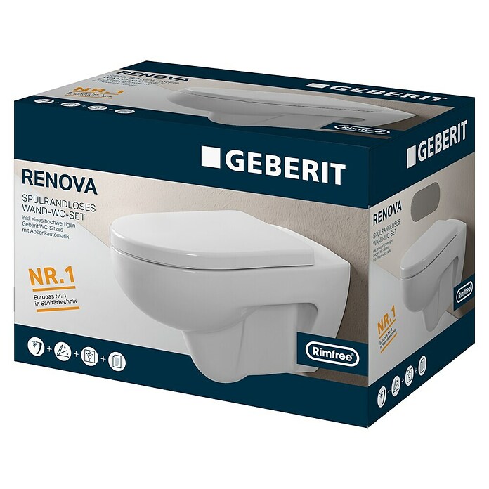Geberit Renova Nr. 1 Spülrandloses Wand-WC-Set (Mit WC-Sitz, Tiefspüler, Weiß)