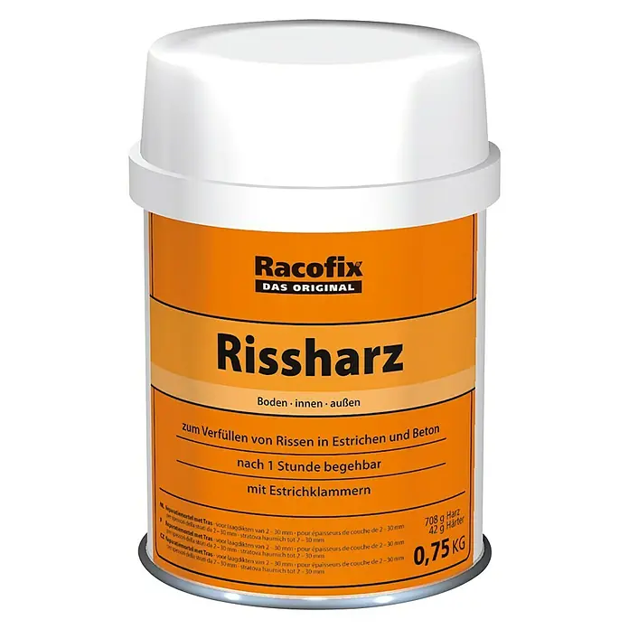 Racofix Rissharz - 750 g - Abbildung eines Behälters Racofix Rissharz, ein Produkt zur Reparatur von Rissen in Estrich und Beton. Das Produktgewicht beträgt 0,75 kg.