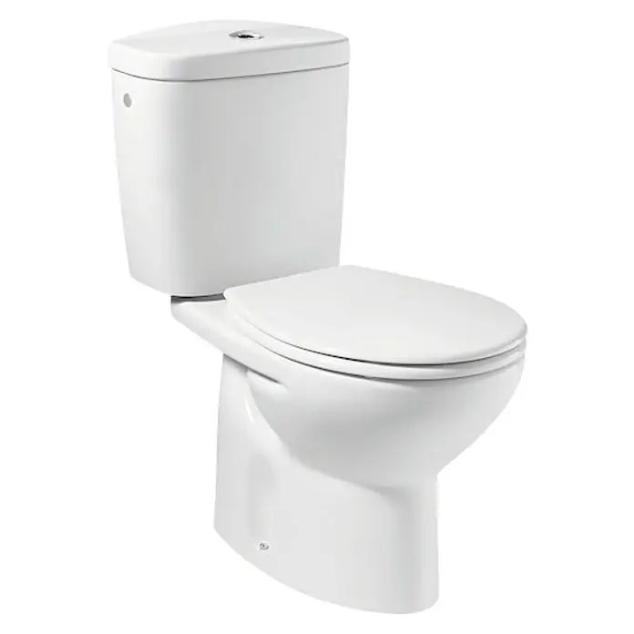 Roca Mitos Cisterna de superficie - Blanco - Inodoro blanco de pie con cisterna. El inodoro tiene un diseño moderno y sencillo.