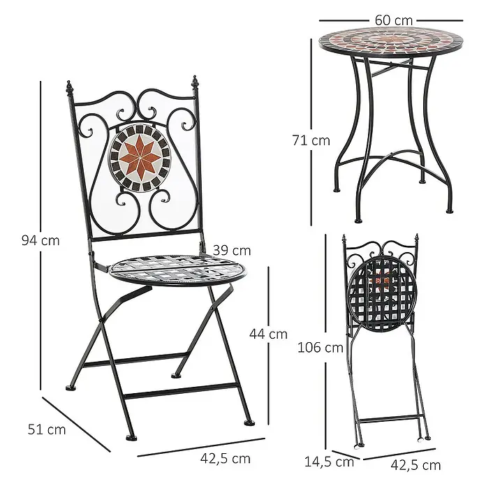 Outsunny Gartenstuhl-Set 3-teilig, mit Tisch - 3 Stk., Metall, Keramikfliesen, Klappbar, Schwarz, Weiß, Rot