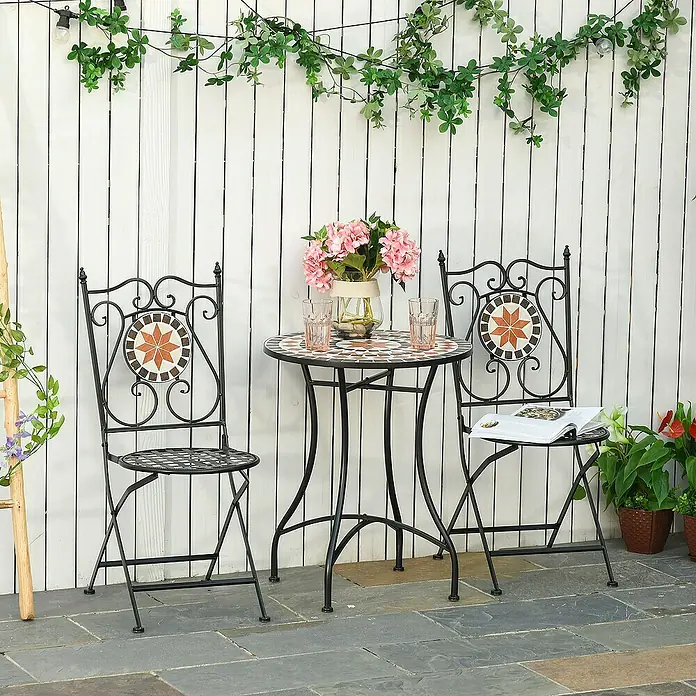 Outsunny Gartenstuhl-Set 3-teilig, mit Tisch - 3 Stk., Metall, Keramikfliesen, Klappbar, Schwarz, Weiß, Rot