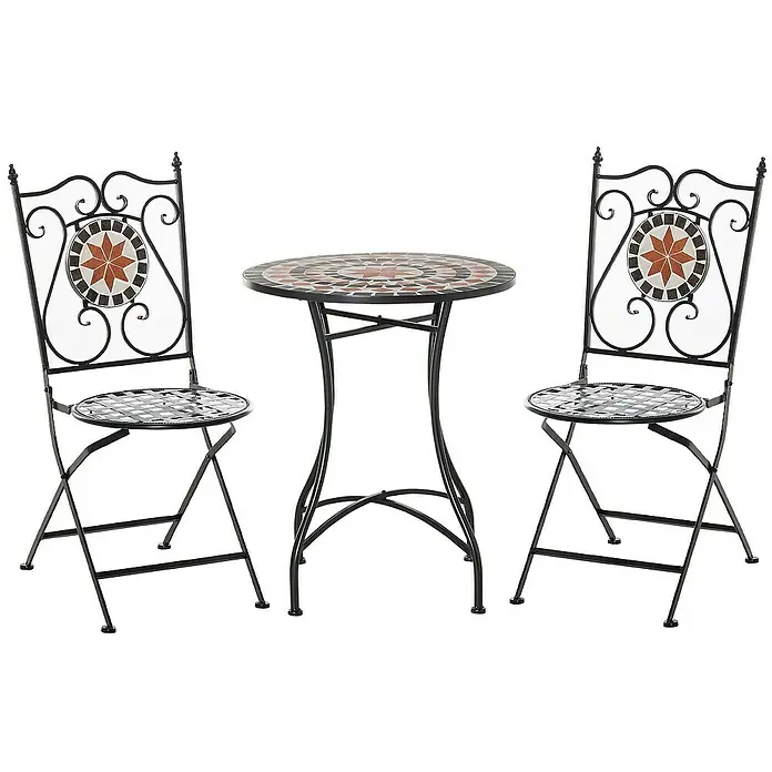 Outsunny Gartenstuhl-Set 3-teilig, mit Tisch - 3 Stk., Metall, Keramikfliesen, Klappbar, Schwarz, Weiß, Rot