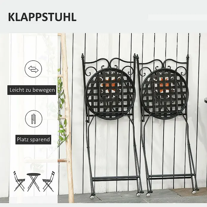 Outsunny Gartenstuhl-Set 3-teilig, mit Tisch - 3 Stk., Metall, Keramikfliesen, Klappbar, Schwarz, Weiß, Rot