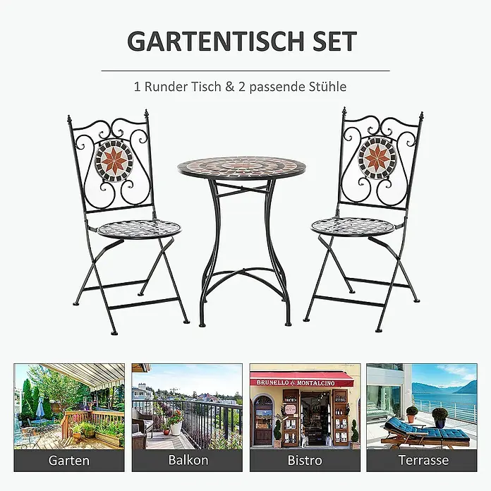 Outsunny Gartenstuhl-Set 3-teilig, mit Tisch - 3 Stk., Metall, Keramikfliesen, Klappbar, Schwarz, Weiß, Rot