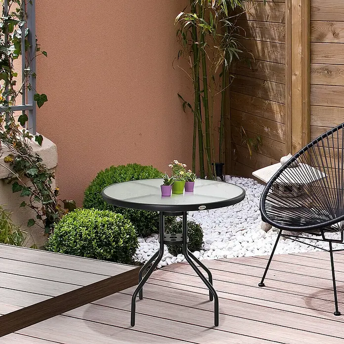 Outsunny Balkontisch mit Glastischplatte - L x B x H: 80 x 80 x 72 cm, Schwarz