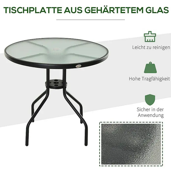 Outsunny Balkontisch mit Glastischplatte - L x B x H: 80 x 80 x 72 cm, Schwarz