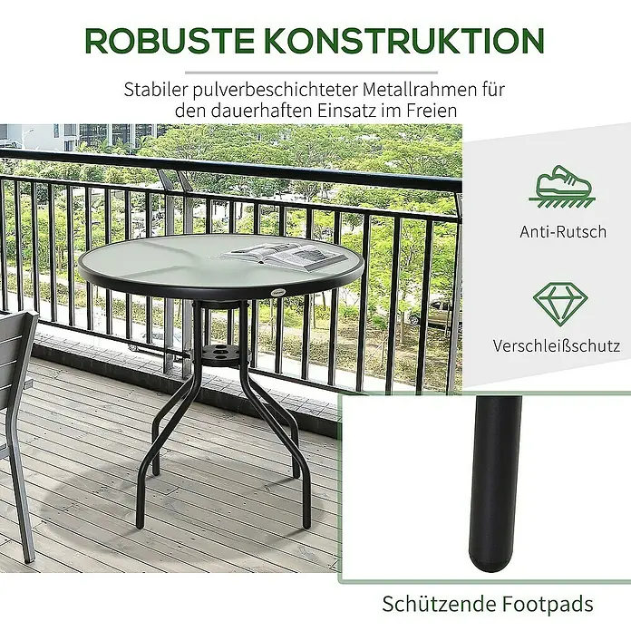 Outsunny Balkontisch mit Glastischplatte - L x B x H: 80 x 80 x 72 cm, Schwarz