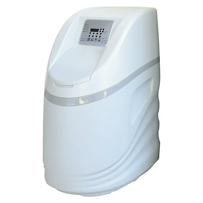Bb agua Descalcificador de agua Ceramic Pilot 2.0 - 2.000 l/h, Capacidad/Consumo de sal: 1,8 kg - Primer plano de un descalcificador de agua blanco con controles digitales y un diseño elegante, ideal para el hogar.