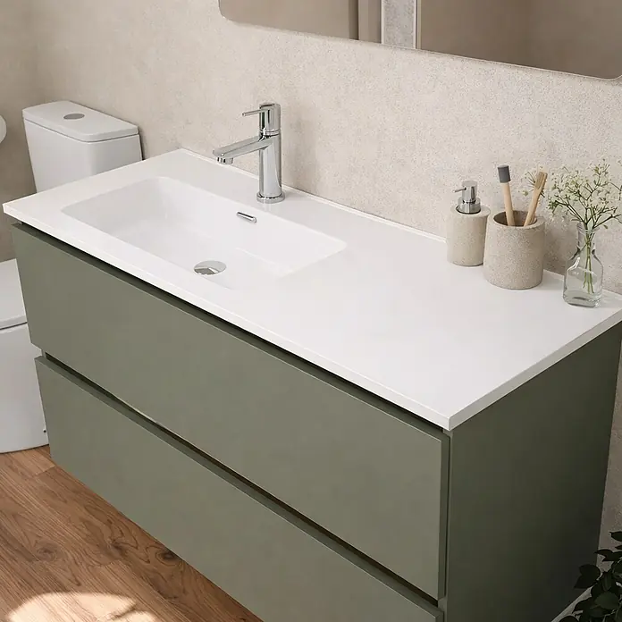 Lavabo Luz Izquierda - 100 x 46 cm, Con desbordamiento, Blanco - Mueble de baño verde con dos cajones y encimera con lavabo blanco integrado, grifo cromado.