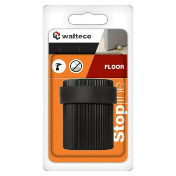 Walteco Türstopper - Ø x H: 34 x 40 mm, Schwarz - Schwarzer zylindrischer Bodentürstopper in Verpackung, mit optionaler bohrfreier Montage.
