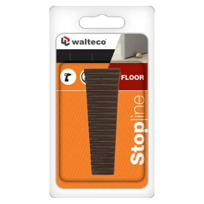 Walteco Türkeil - L x B x H: 50 x 15,5 x 19 mm, Braun, 4 Stk. - Dunkelbrauner gerippter Türkeil/Stopper für den Boden, auf der Verpackung dargestellt.