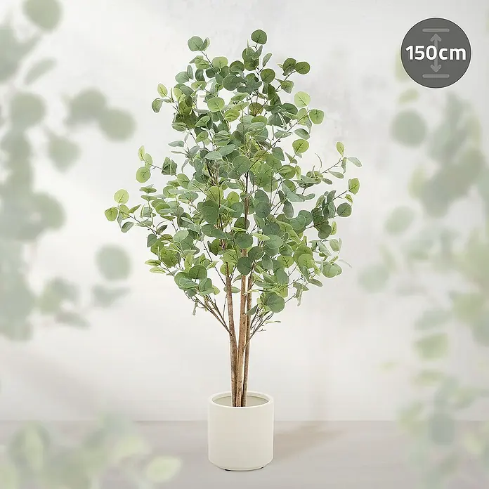 ML-Design Kunstpflanze Kunstbaum Eukalyptus für Innen & Außen mit Echtem Moos & Echtholzstamm - Höhe: 150 cm, Blütenfarbe: Grün, Holz