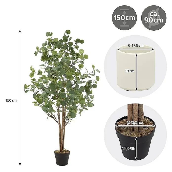 ML-Design Kunstpflanze Kunstbaum Eukalyptus für Innen & Außen mit Echtem Moos & Echtholzstamm - Höhe: 150 cm, Blütenfarbe: Grün, Holz