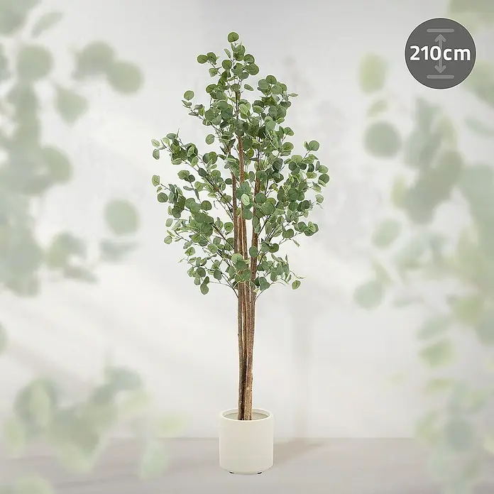 ML-Design Kunstpflanze Kunstbaum Eukalyptus für Innen & Außen mit Echtem Moos & Echtholzstamm - Höhe: 210 cm, Blütenfarbe: Grün, Holz