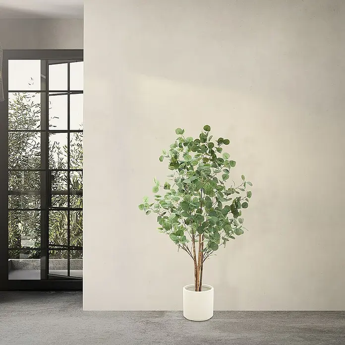 ML-Design Kunstpflanze Kunstbaum Eukalyptus für Innen & Außen mit Echtem Moos & Echtholzstamm - Höhe: 150 cm, Blütenfarbe: Grün, Holz