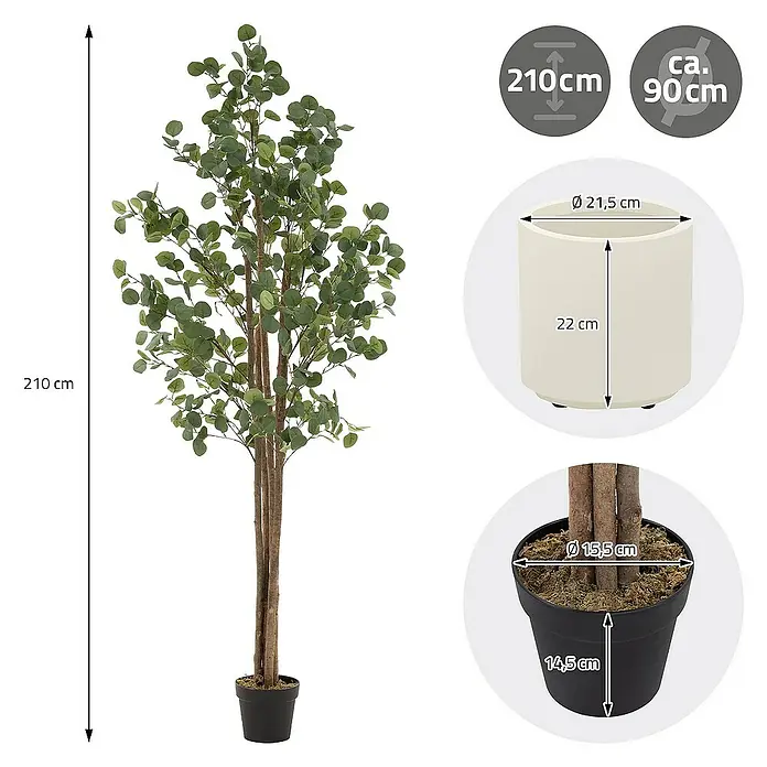 ML-Design Kunstpflanze Kunstbaum Eukalyptus für Innen & Außen mit Echtem Moos & Echtholzstamm - Höhe: 210 cm, Blütenfarbe: Grün, Holz