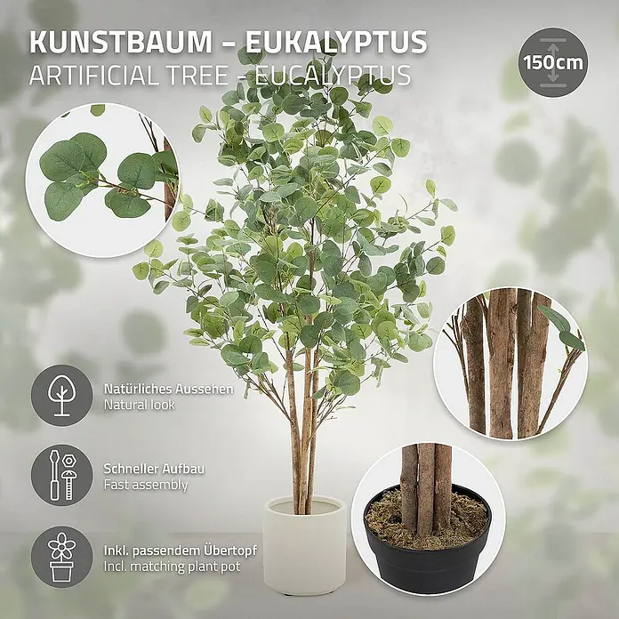 ML-Design Kunstpflanze Kunstbaum Eukalyptus für Innen & Außen mit Echtem Moos & Echtholzstamm - Höhe: 150 cm, Blütenfarbe: Grün, Holz