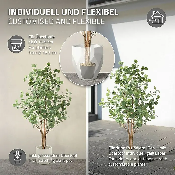 ML-Design Kunstpflanze Kunstbaum Eukalyptus für Innen & Außen mit Echtem Moos & Echtholzstamm - Höhe: 150 cm, Blütenfarbe: Grün, Holz