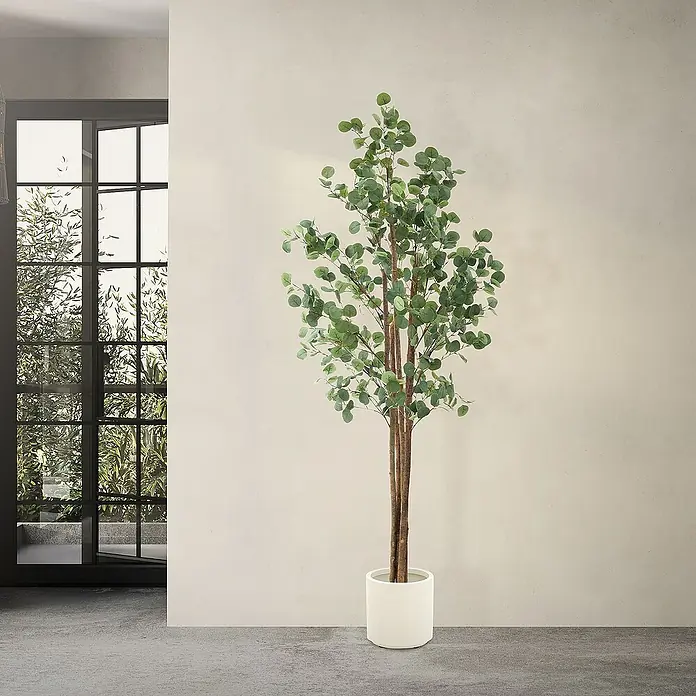 ML-Design Kunstpflanze Kunstbaum Eukalyptus für Innen & Außen mit Echtem Moos & Echtholzstamm - Höhe: 210 cm, Blütenfarbe: Grün, Holz
