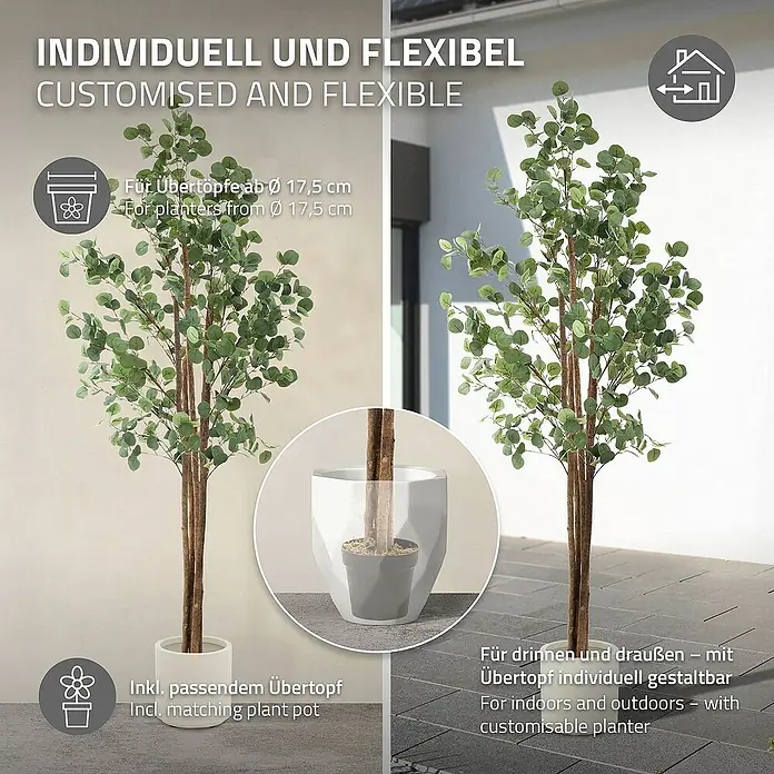 ML-Design Kunstpflanze Kunstbaum Eukalyptus für Innen & Außen mit Echtem Moos & Echtholzstamm - Höhe: 210 cm, Blütenfarbe: Grün, Holz