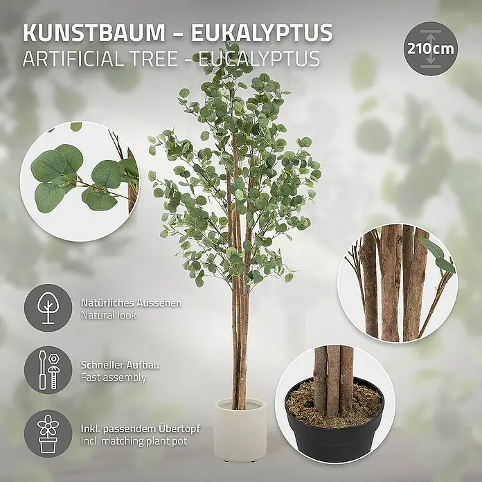 ML-Design Kunstpflanze Kunstbaum Eukalyptus für Innen & Außen mit Echtem Moos & Echtholzstamm - Höhe: 210 cm, Blütenfarbe: Grün, Holz
