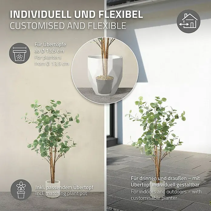 ML-Design Kunstpflanze Kunstbaum Eukalyptus für Innen & Außen mit Echtem Moos & Echtholzstamm - Höhe: 120 cm, Blütenfarbe: Grün, Holz