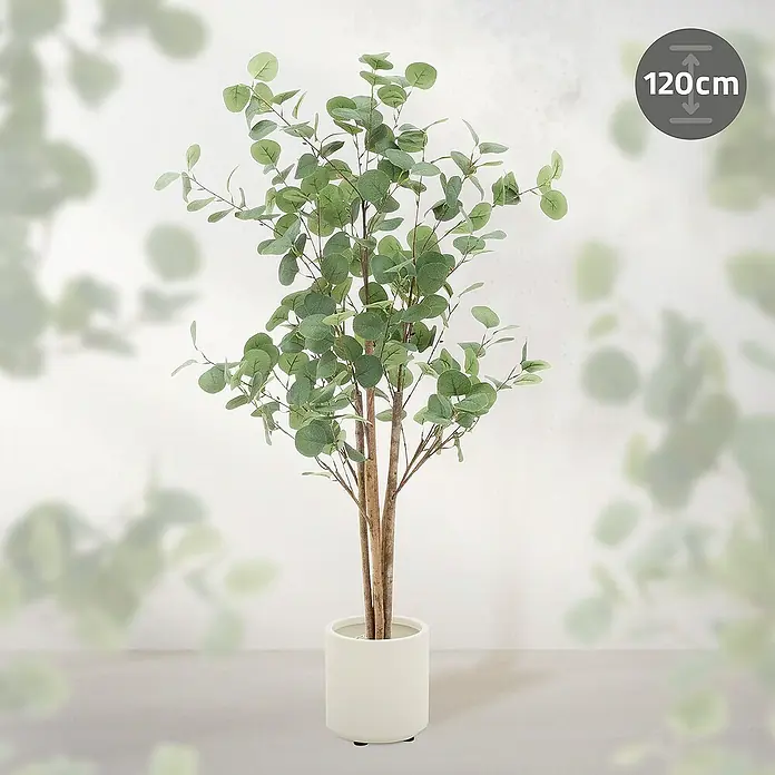 ML-Design Kunstpflanze Kunstbaum Eukalyptus für Innen & Außen mit Echtem Moos & Echtholzstamm - Höhe: 120 cm, Blütenfarbe: Grün, Holz
