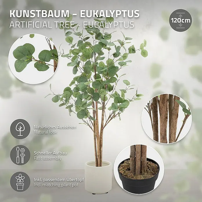 ML-Design Kunstpflanze Kunstbaum Eukalyptus für Innen & Außen mit Echtem Moos & Echtholzstamm - Höhe: 120 cm, Blütenfarbe: Grün, Holz