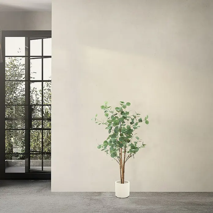 ML-Design Kunstpflanze Kunstbaum Eukalyptus für Innen & Außen mit Echtem Moos & Echtholzstamm - Höhe: 120 cm, Blütenfarbe: Grün, Holz