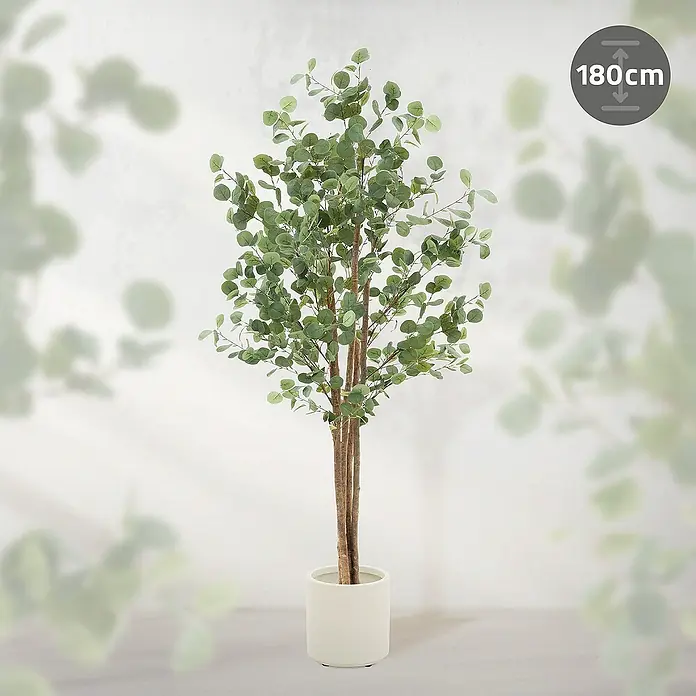 ML-Design Kunstpflanze Kunstbaum Eukalyptus für Innen & Außen mit Echtem Moos & Echtholzstamm - Höhe: 180 cm, Blütenfarbe: Grün, Holz