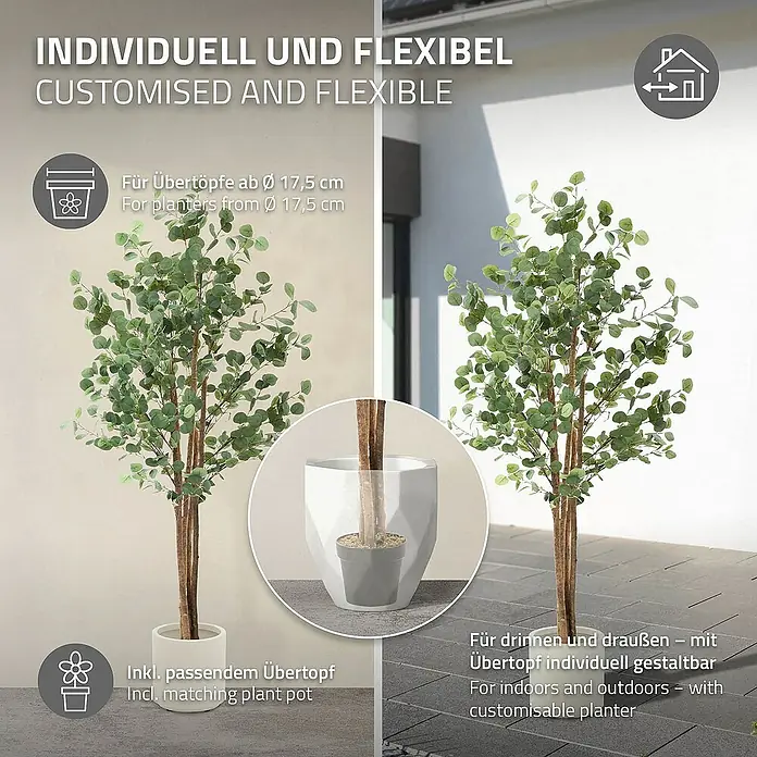 ML-Design Kunstpflanze Kunstbaum Eukalyptus für Innen & Außen mit Echtem Moos & Echtholzstamm - Höhe: 180 cm, Blütenfarbe: Grün, Holz