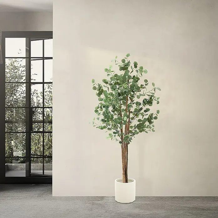 ML-Design Kunstpflanze Kunstbaum Eukalyptus für Innen & Außen mit Echtem Moos & Echtholzstamm - Höhe: 180 cm, Blütenfarbe: Grün, Holz