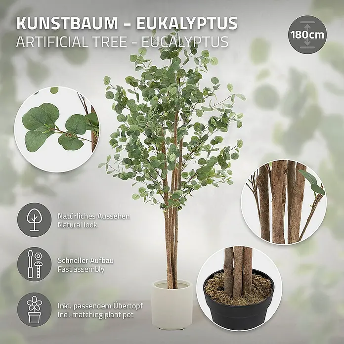 ML-Design Kunstpflanze Kunstbaum Eukalyptus für Innen & Außen mit Echtem Moos & Echtholzstamm - Höhe: 180 cm, Blütenfarbe: Grün, Holz