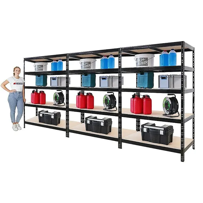 Proregal Schwerlastregal Mega Deal 3x Tiger - H x B x T: 180 x 120 x 60 cm, Traglast pro Boden: 265 kg, Anzahl Böden: 5 Stk., Stecken, Schwarz