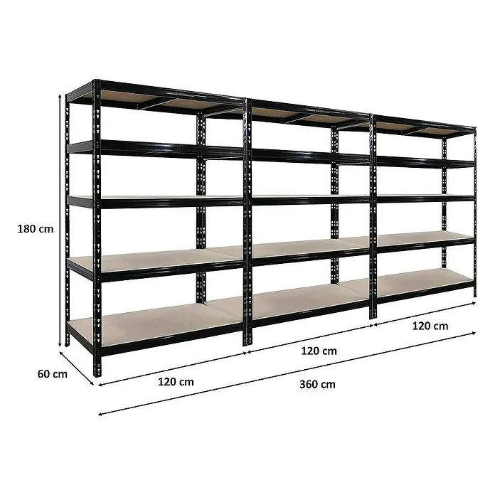 Proregal Schwerlastregal Mega Deal 3x Tiger - H x B x T: 180 x 120 x 60 cm, Traglast pro Boden: 265 kg, Anzahl Böden: 5 Stk., Stecken, Schwarz