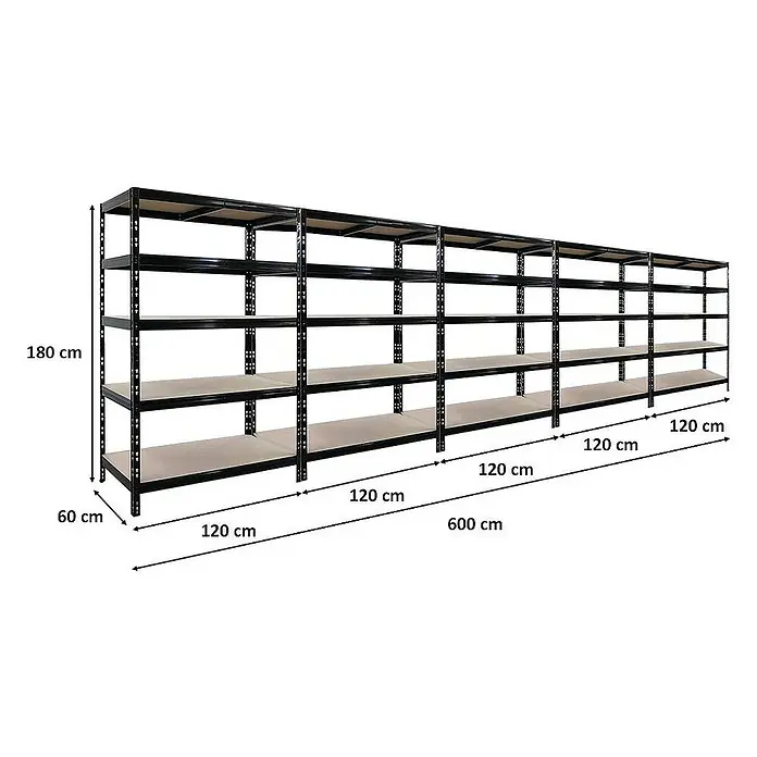 Proregal Schwerlastregal Mega Deal 5x Tiger - H x B x T: 180 x 120 x 60 cm, Traglast pro Boden: 265 kg, Anzahl Böden: 5 Stk., Stecken, Schwarz
