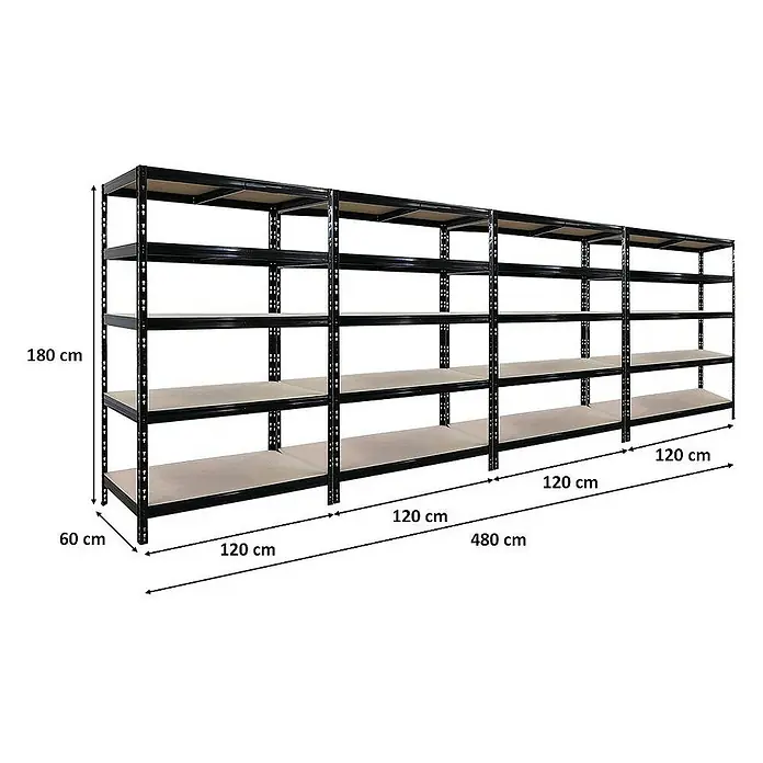 Proregal Schwerlastregal Mega Deal 4x Tiger - H x B x T: 180 x 120 x 60 cm, Traglast pro Boden: 265 kg, Anzahl Böden: 5 Stk., Stecken, Schwarz