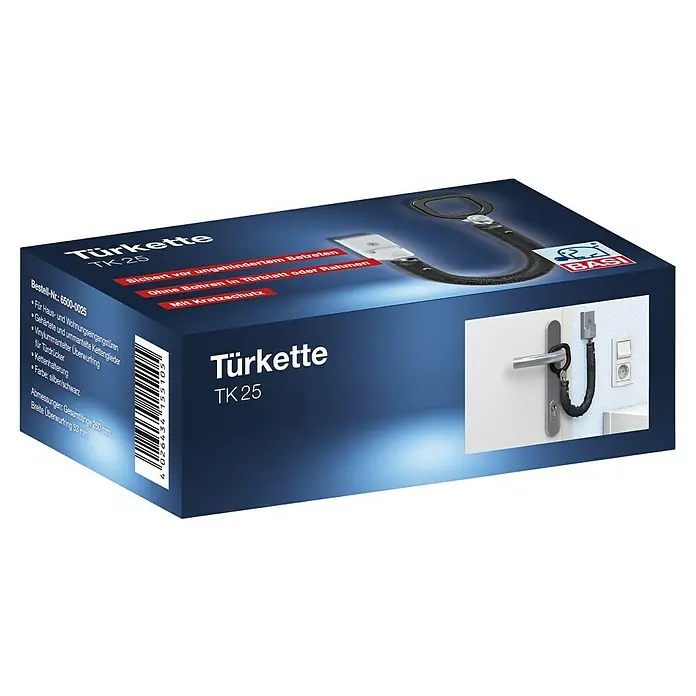 Basi Türkette TK 25 - Kettenlänge: 18,5 cm, Silber - Schwarze, vinylummantelte Türkette TK25 auf Produktverpackung, ohne Bohren an Türdrücker zu befestigen.