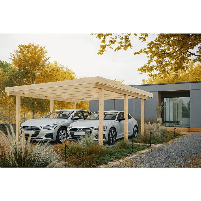 Joda Doppelcarport Frankfurt - 6,04 x 5,1 m, Holz, Carport geeignet für: PKWs - Helles Holz-Carport schützt zwei silberne Autos, vor modernem Haus und Herbstbäumen.