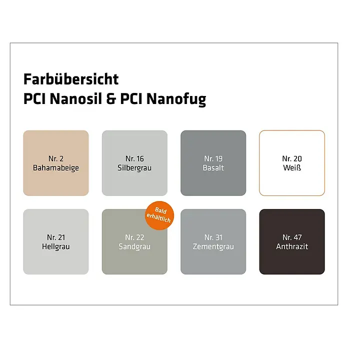 PCI Fugenmörtel Nanofug - Weiß, 4 kg - Farbübersicht für PCI Nanosil & Nanofug mit 8 Fugenfarben, darunter Beige, Grau, Weiß und Anthrazit. Eine Farbe ist "bald erhältlich".