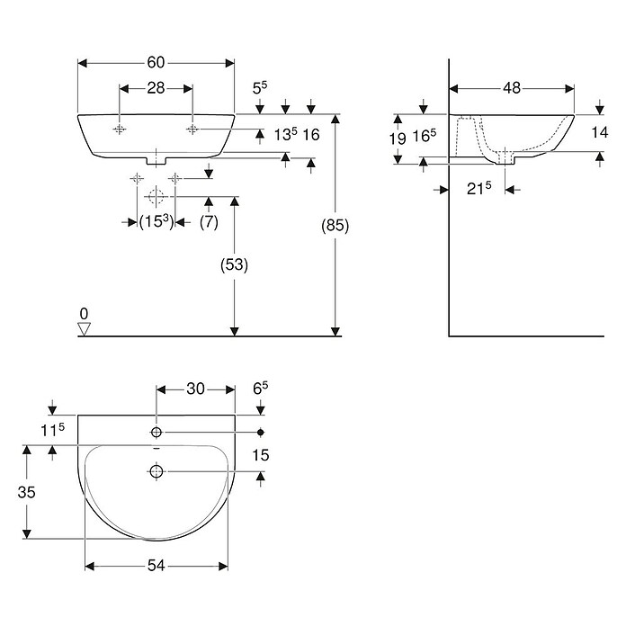 Geberit Renova Waschtisch-Set (60 x 48 cm, Ohne Spezialglasur, Hahnloch: Mitte, Mit Überlauf, Weiß) | BAUHAUS