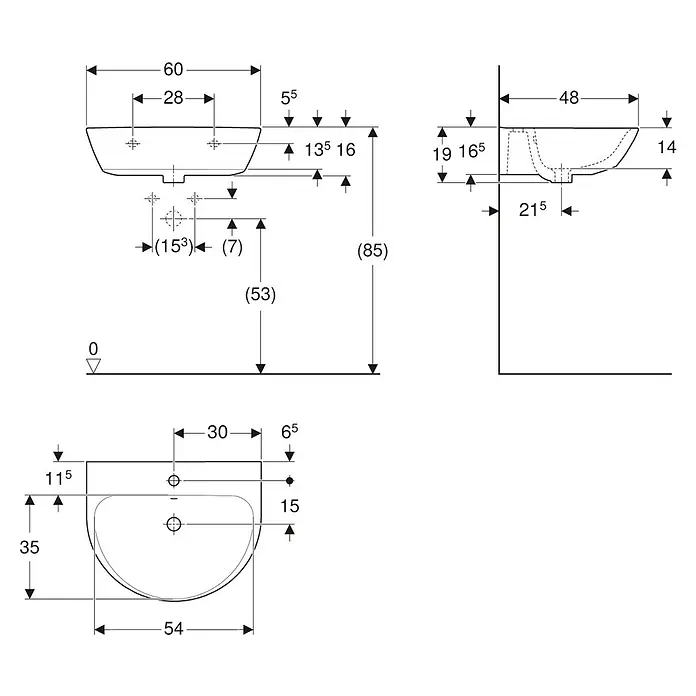 Geberit Renova Waschtisch-Set - 60 x 48 cm, Ohne Spezialglasur, Hahnloch: Mitte, Mit Überlauf, Weiß - Bemaßte technische Zeichnung eines weißen Keramikwaschbeckens.