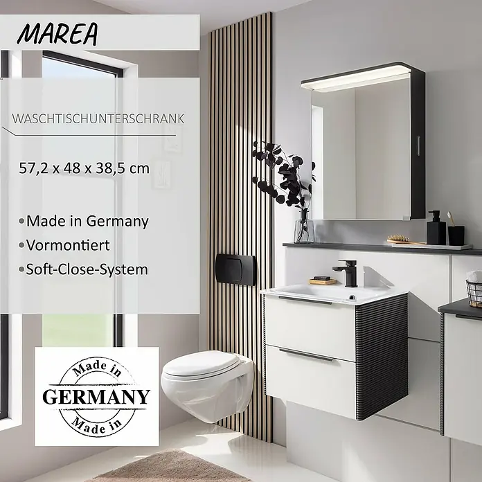 Camargue Marea Waschtischunterschrank - 57,2 x 38,5 x 48 cm, Anthrazit/Weiß - Weißer Waschtischunterschrank mit Waschbecken, dunklen strukturierten Seiten und zwei Soft-Close-Schubladen (57,2x48x38,5 cm) im Bad.