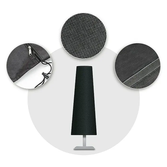 Pura Vida Sonnenschirm Schutzhülle Supreme - Passend für: Sonnenschirme bis Ø450 cm, Polyethylen, Polypropylen, 160 g/m², Schwarz - Schwarze Schutzhülle aus strukturiertem Stoff mit Reißverschluss und Kordelzug. Nahaufnahmen zeigen die Materialstruktur und verstärkte Nähte.