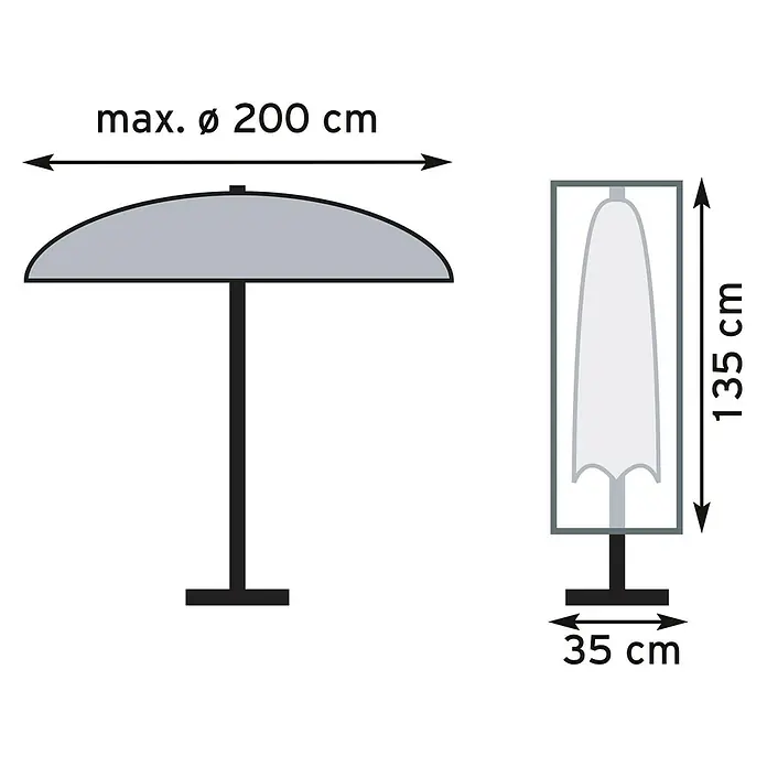 Pura Vida Sonnenschirm Schutzhülle Supreme - Polyethylen, Polypropylen, 160 g/m², Schwarz - Grauer Sonnenschirm mit schwarzem Stock, geöffnet 200 cm Durchmesser, geschlossen 135 cm Höhe und 35 cm Breite.