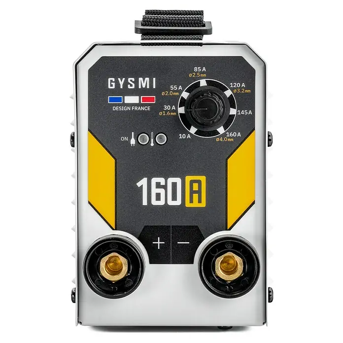 Gys Schweißgerät GYSMI160A - Schweißstrom: 10 A - 160 A, L x B x H: 23 x 15 x 10 cm - Weiß-dunkelgraue GYSMI 160A Inverter-Schweißmaschine mit gelben Akzenten, Stromwahlschalter, Anzeigen und Anschlussklemmen.