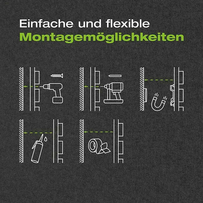 Lautloz Akustikpaneel Coverz - Dunkelgrün, 20 x 240 cm, Textil - Deutscher Text: 'Einfache und flexible Montagemöglichkeiten'. Strichzeichnungen zeigen fünf Methoden: Schrauben, Dübel, Magnete, Klebstoff, Klebeband.